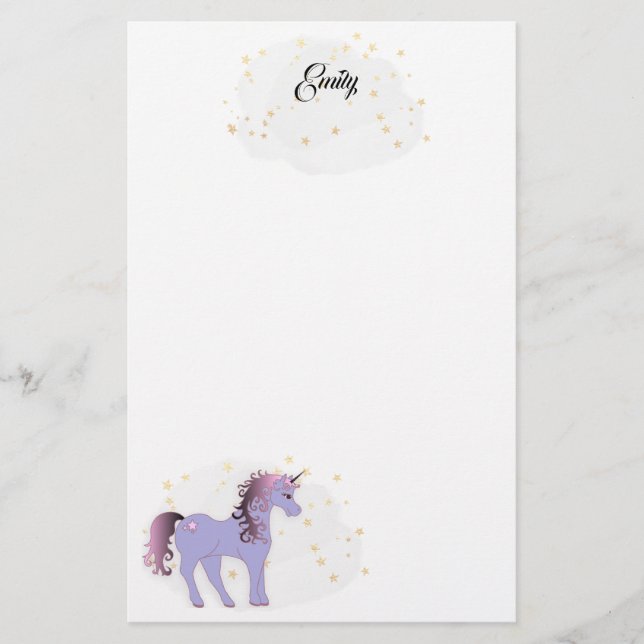 Mauve Unicorn und Gold Stars Briefpapier (Vorderseite)