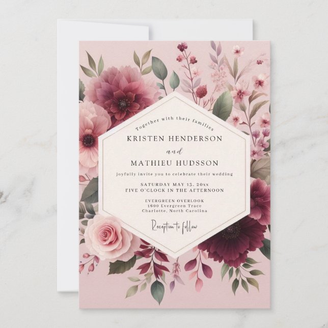 Mauve Watercolor Bloom Wedding Einladung (Vorderseite)