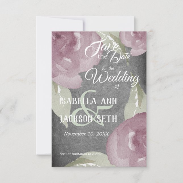 Mauve Watercolor Floral und Chalkboard Save The Date (Vorderseite)