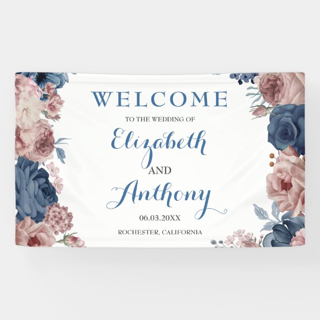 Mauve Watercolor Hochzeitskulisse der blauen Rose Banner (Horizontal)