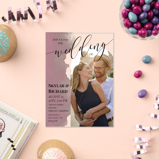 Mauve Watercolor Join Us Arch Foto Wedding Acryleinladungen (Insitu (Feier))
