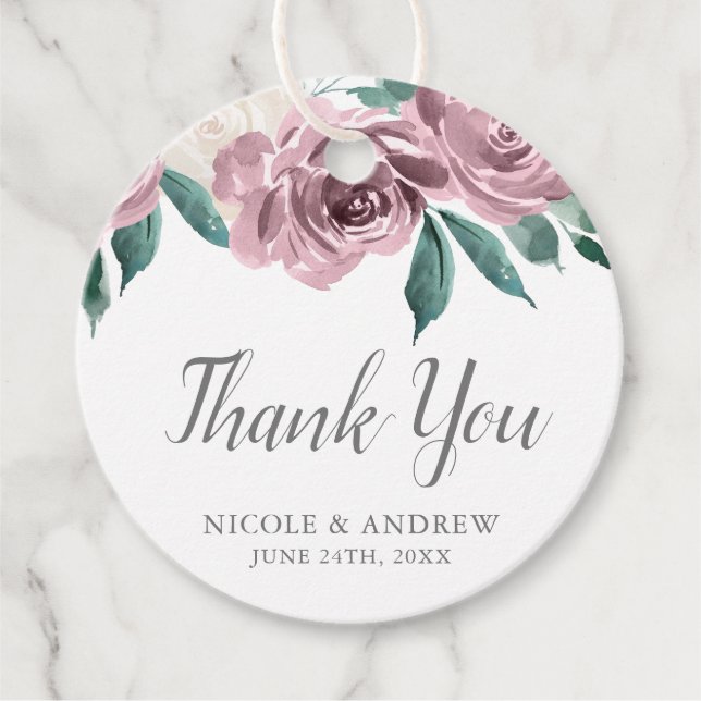 Mauve Watercolor Rose Blumenhochzeit Geschenkanhänger (Vorderseite)