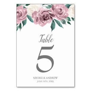 Mauve Watercolor Rose Floral Wedding Tischnummer