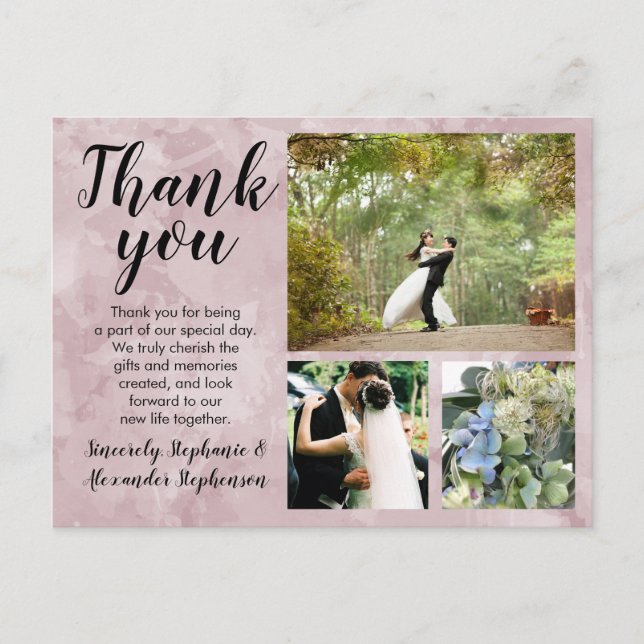 Mauve Watercolor Wedding Vielen Dank Custom 3 Foto Postkarte (Vorderseite)