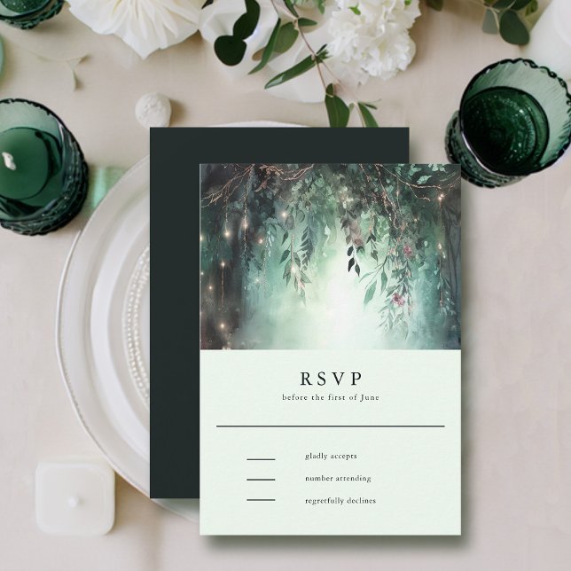 Mauve Wedding RSVP (Bezauberter Wald Gold Vines) Karte (enchanted forest rsvp card modern elegant romantic watercolor gold vines emerald mauve)