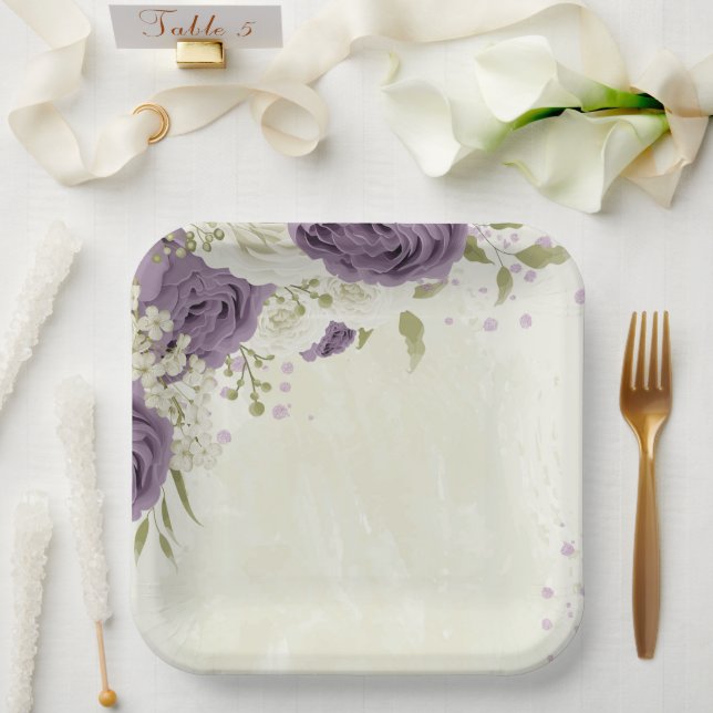mauve weiße Blumen Grüne Hochzeit Pappteller (Hochzeit)