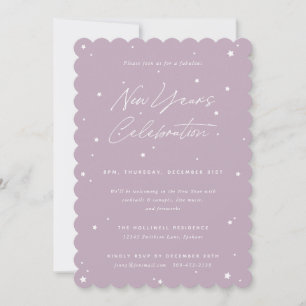 Mauve+White Script Scattered Stars New Year Party Einladung