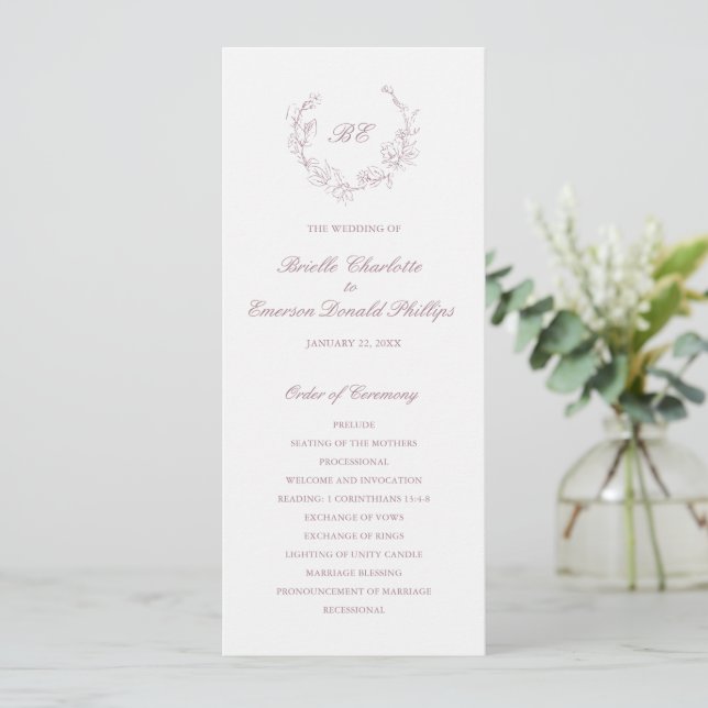 Mauve Wreath Monogram Elegant Wedding Programm (Stehend Vorderseite)