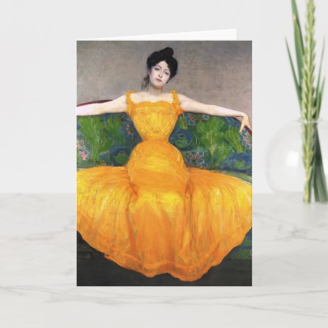 Maximale Kurzweil- Dame im gelben Kleid Karte (Vorderseite)