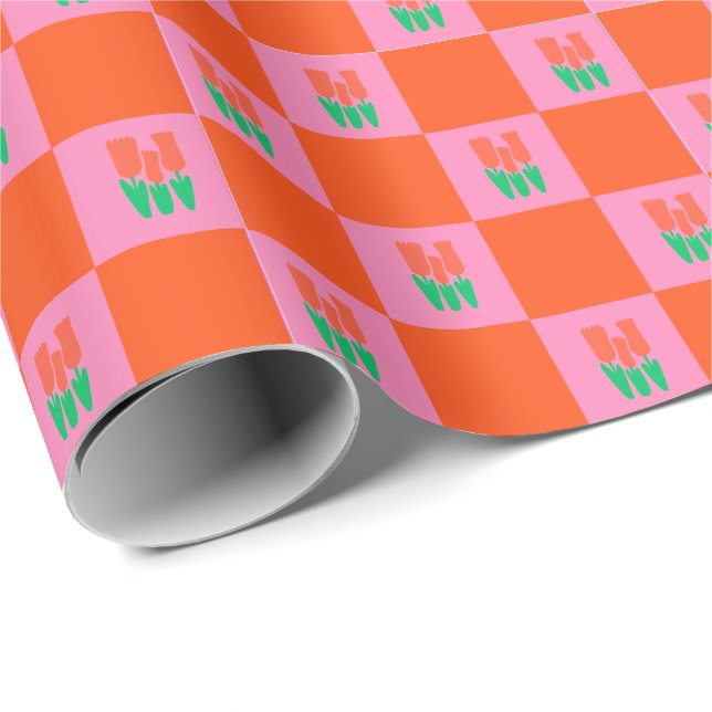 Maximalismus Geburtstag farbenfroh überprüft Blume Geschenkpapier (Rolleneckpunkt)