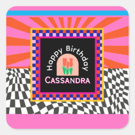 Maximalismus Geburtstag farbenfroh überprüft Blume Quadratischer Aufkleber