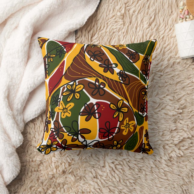 Maximalist Floral Neuro Art - Braun Gelb Grün Kissen (Decke)