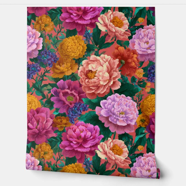 Maximalist Lilac und Peach Blooms auf Pink Tapete (Abrollen)