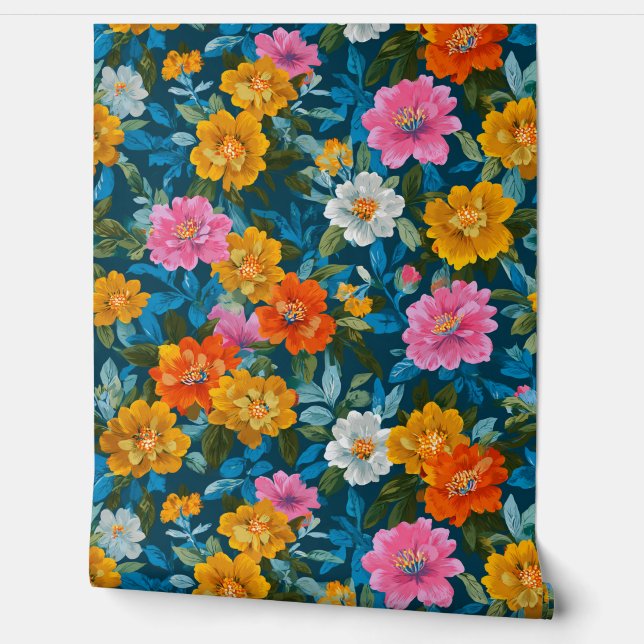 Maximalist Orange and Pink Floral on Blue Tapete (Abrollen)