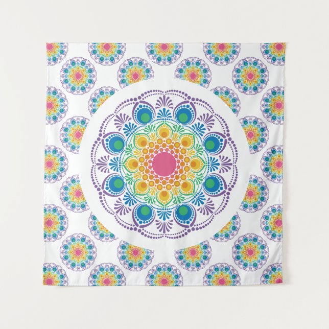 Maximalist Rainbow Floral Fountain Polka Dot Wandteppich
