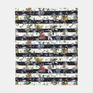 Maximalistische bunte Blumen Schwarz Weiß Streifen Fleecedecke