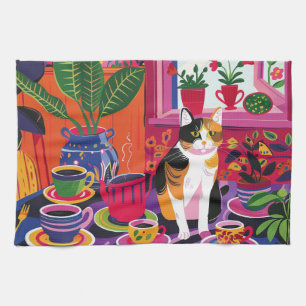 Maximalistische Dreifarbenkatze und Teestube Geschirrtuch