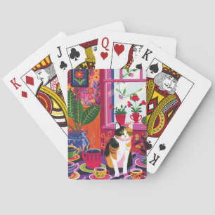 Maximalistische Dreifarbenkatze und Teestube Spielkarten
