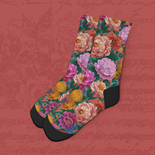 Maximalistische lila und pfirsichfarbene Blüten au Socken