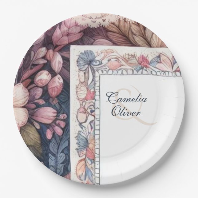 Maximalistisches Hochzeitstil mit Vintager Blumend Pappteller (Vorderseite)