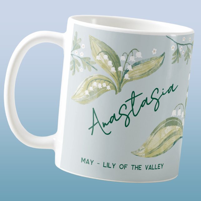 May Birth Flower Custom Name Lily of the Valley Kaffeetasse (May birth month flower lily of the valley hawthorn personalized custom name coffee mug birthday gift)