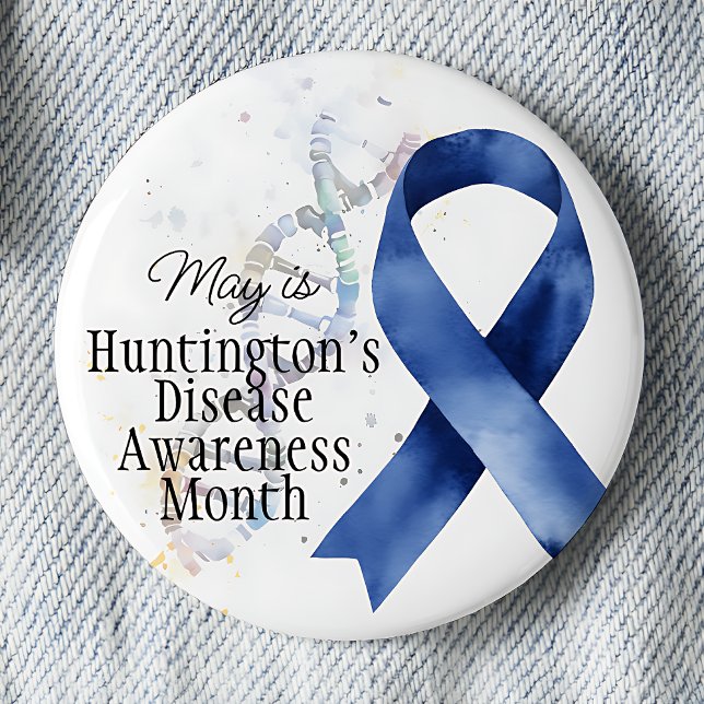 May Huntington's Disease Awareness Month - DNA Button (May is Huntington's Disease Awareness month, awareness blue ribbon, DNA strand, pinback button.)
