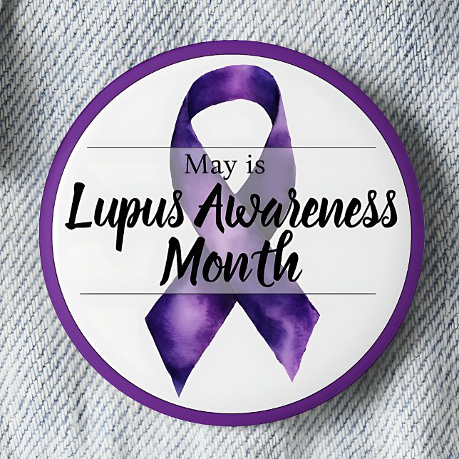May Lupus Sensibilisierungsmonat Button (Purple awareness ribbon May Lupus Awareness Month pinback button.)