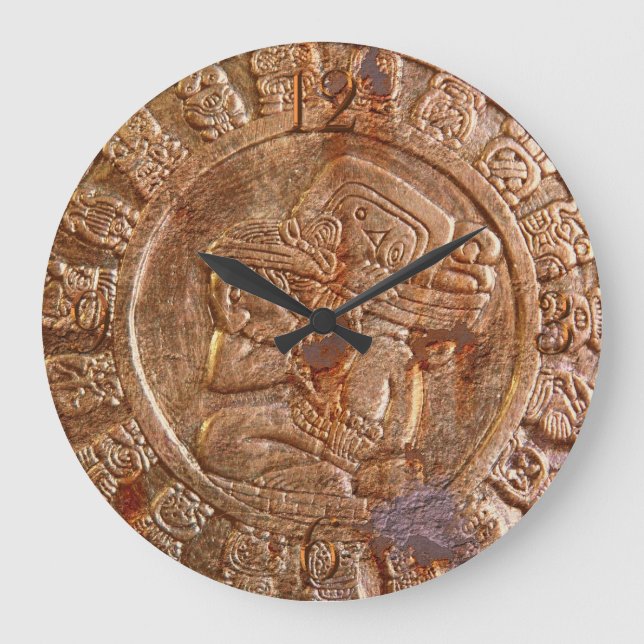 Maya Carved Metal Aztec Mexican Art History Clock Große Wanduhr (Vorderseite)