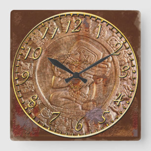 Maya Carved Metal Aztec Mexican Art History Clock Quadratische Wanduhr