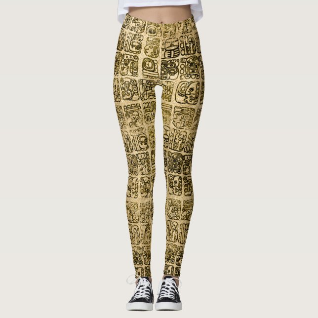 Maya- und aztekisches Glyphsgold auf Vintager Leggings (Vorderseite)