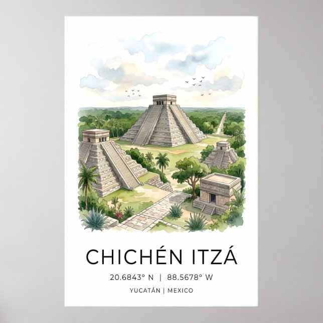 Mayan Travel Art Print, Chichen Itza Pyramid, Palm Poster (Vorne)