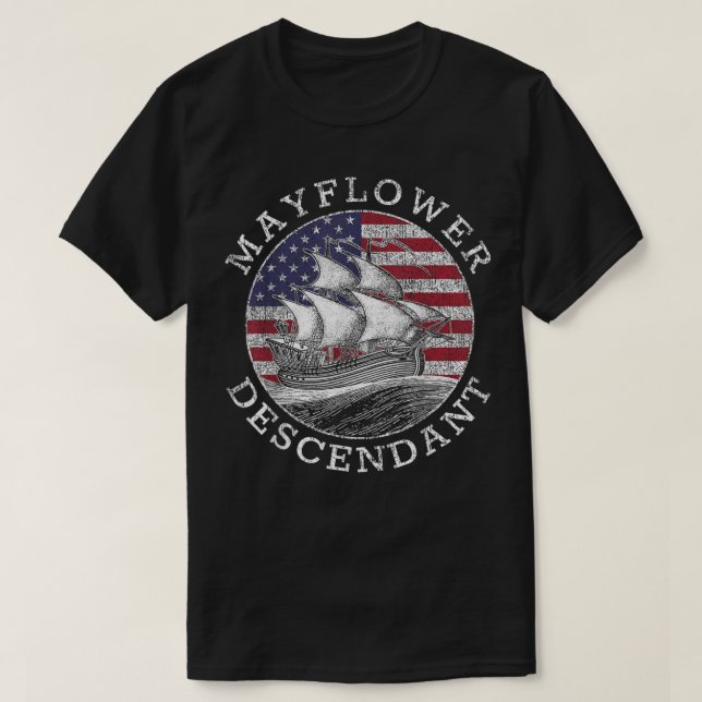 Mayflower Descendant USA Flag erschüttert T-Shirt (Design vorne)