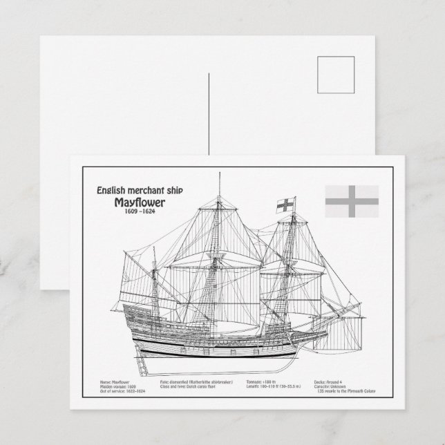 Mayflower - SchiffskBlueprint-Pläne BD Postkarte (Vorne/Hinten)