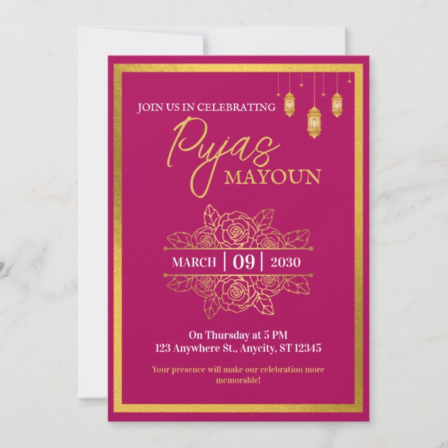 Mayoun Maroon and Gold Puja Invitation (Vorderseite)