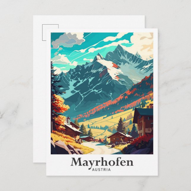 Mayrhofen Österreich Art Vintage Travel Illustrati Postkarte (Vorne/Hinten)