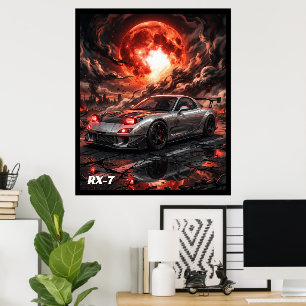Mazda RX-7 unter einem karmesinroten Mond Poster
