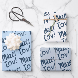 MAZEL TOV Bar Bat Mitzvah Handletter Jewish Blue Geschenkpapier Set