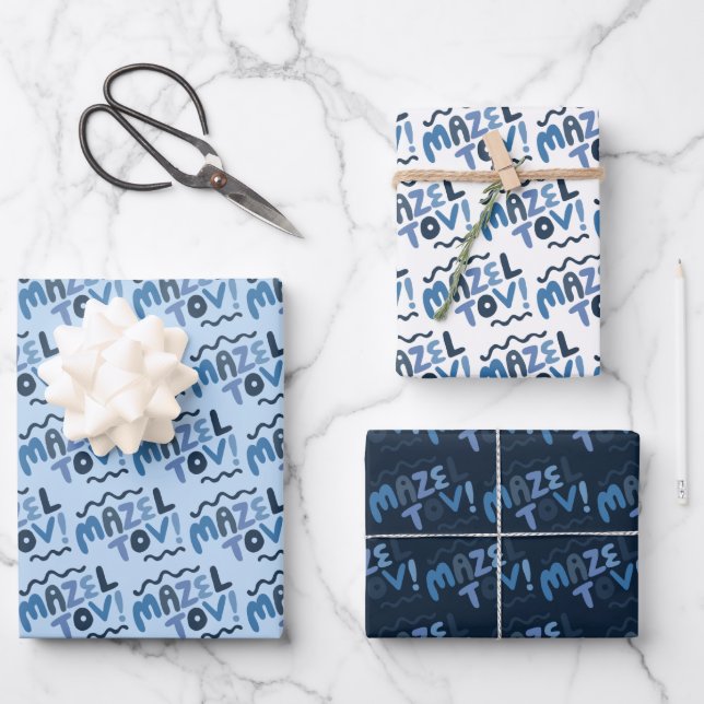 MAZEL TOV Bar Bat Mitzvah Handletter Jewish Blue Geschenkpapier Set (Vorderseite)