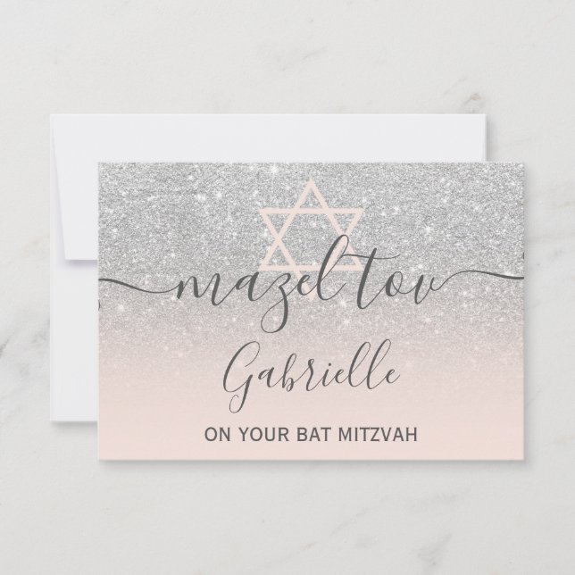 Mazel Tov silber Glitzer pink Bat Mitzvah Dankeskarte (Vorderseite)