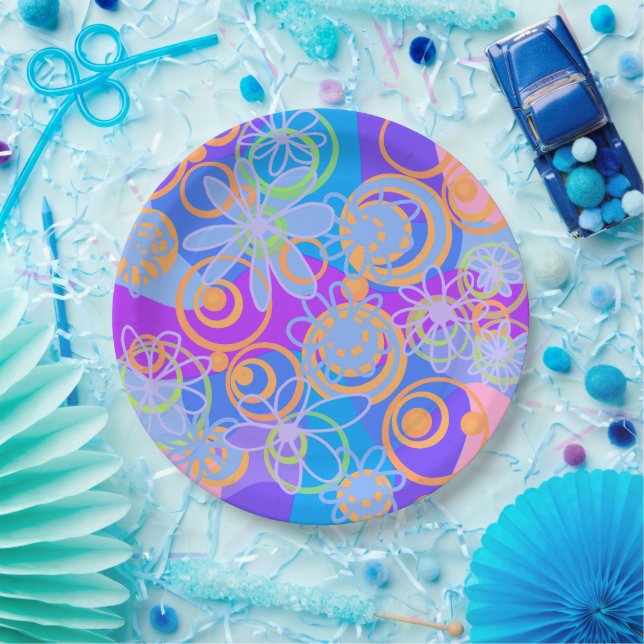 Mazipoodles Blumenblasen Multi Blue Orange Blue Pappteller (Party)