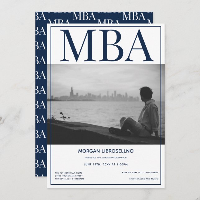 MBA-Grad White Blue Foto Graduation Party Einladung (Vorne/Hinten)