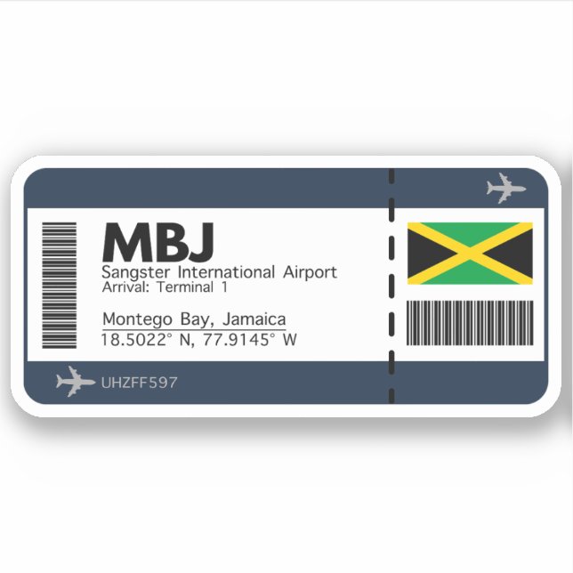MBJ Jamaica Boarding Pass - Airport Ticket Aufkleber (Vorderseite)