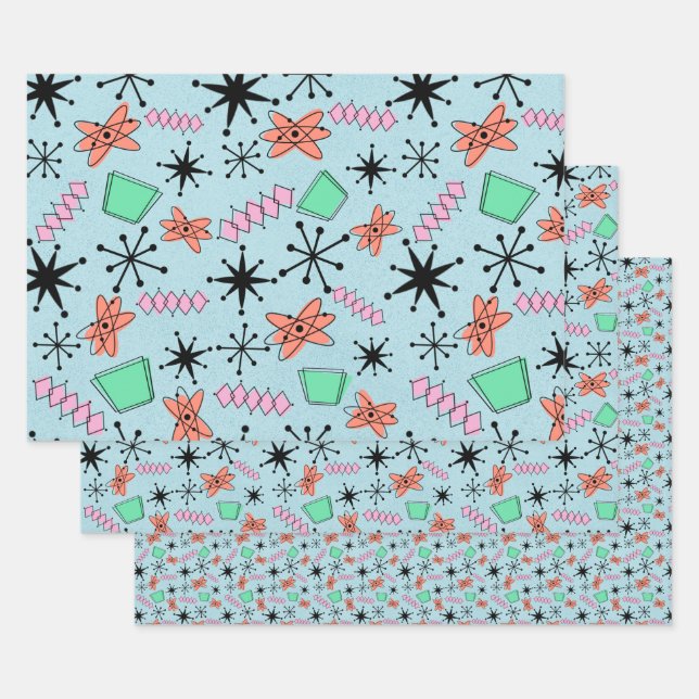 MCM Atomisch rosa grünes Orange auf blauer Mischun Geschenkpapier Set (Set)