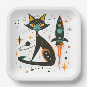 MCM Black Cat Retro Raumschiff Sterne Planeten Pappteller