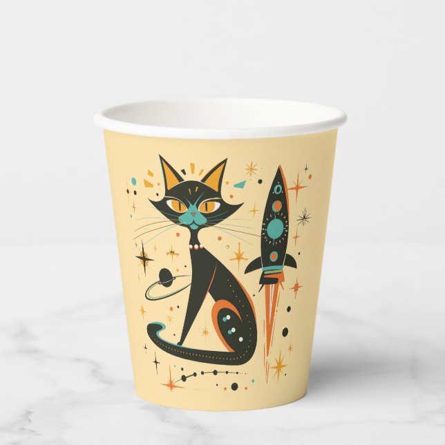 MCM Schwarze Katze Retro Raumschiff Sterne Planete Pappbecher (Vorderseite)