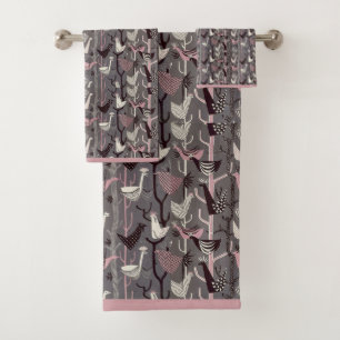 MCM Vögel Hühner Enten Rosa Schwarz Weiß Badhandtuch Set