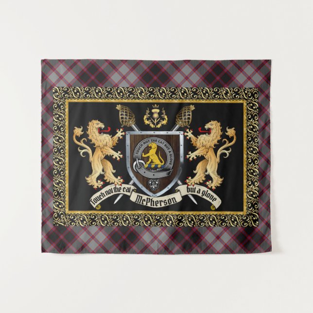 McPherson Clan Abzeichen & Motto w/Lions Wandteppich (Vorderseite (Horizontal))