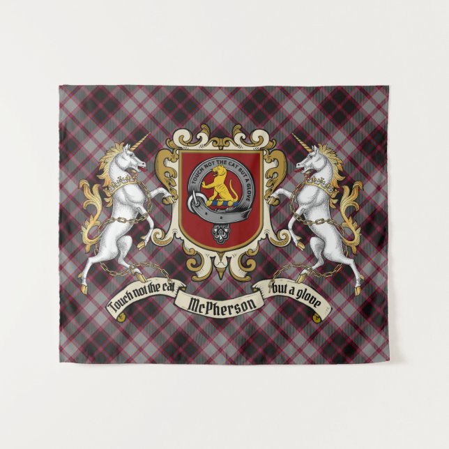 McPherson Clan Abzeichen & Unicorns w/Tartan Wandteppich (Vorderseite (Horizontal))