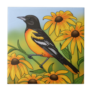 MD Staat Bird Oriole & Black-mit Augen Susan Blume Fliese