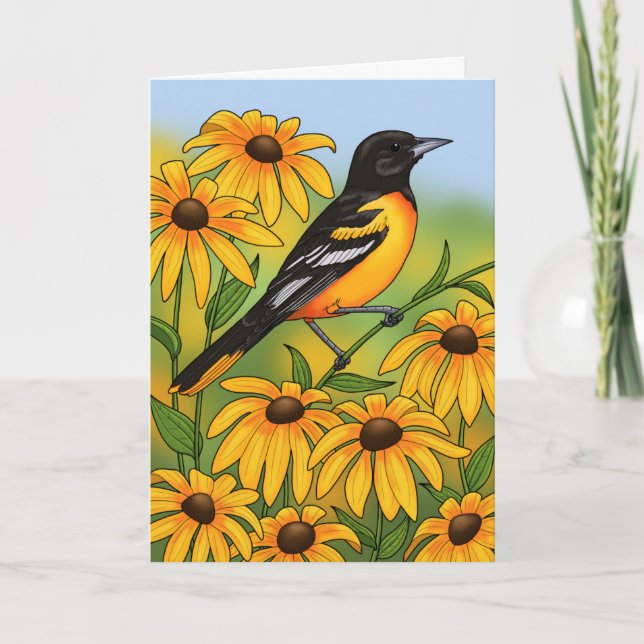 MD Staat Bird Oriole & Black-mit Augen Susan Blume Karte (Vorderseite)